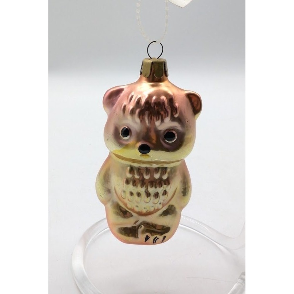 Vintage Blown Glass Bear Ornament Hand Painted Russian Holiday Festive Cute